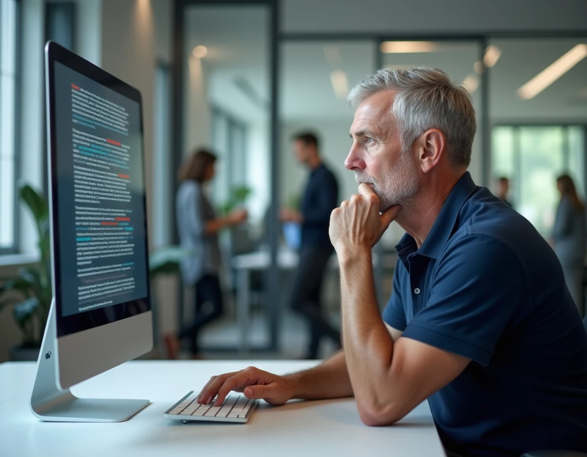 Homme en bureau moderne analysant des corrections orthographiques sur son écran d'ordinateur, expression concentrée