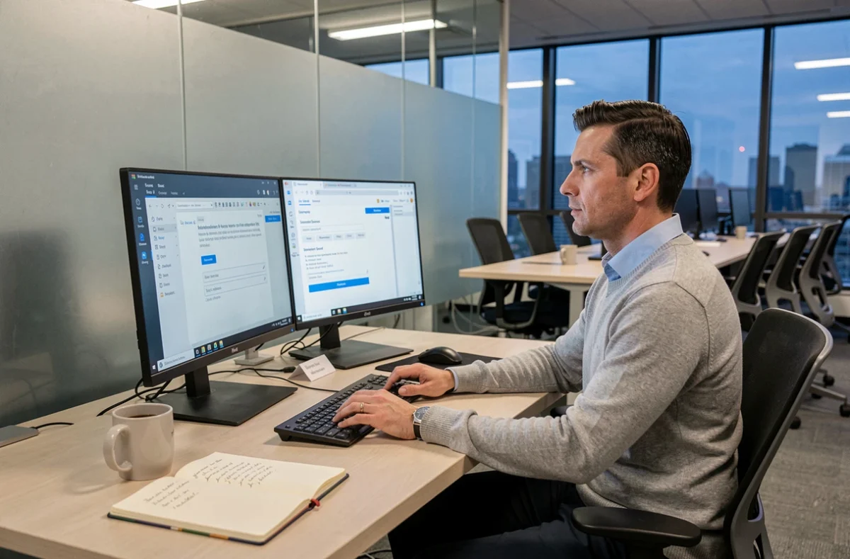 Homme en bureau open space programmant l'envoi différé d'un email professionnel pour respecter les horaires appropriés