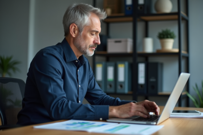 Homme d'âge moyen travaillant sur un ordinateur dans un bureau moderne
