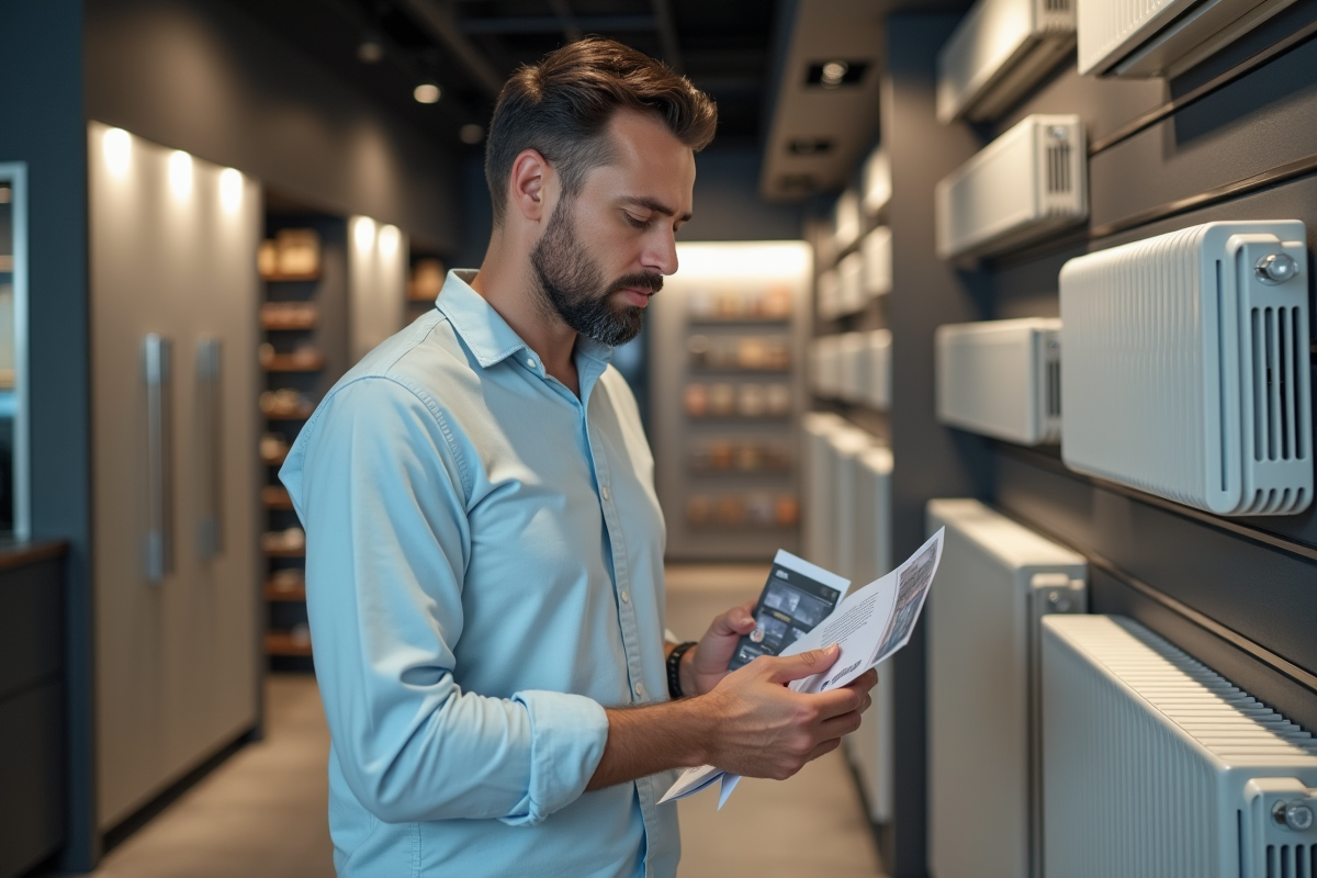 Jeune homme comparant deux radiateurs électriques en magasin