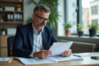 Homme d'âge moyen en costume bleu examine des documents de prêt immobilier