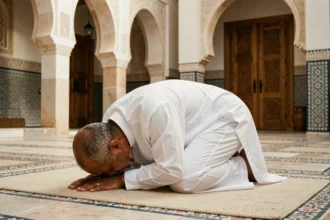 Homme en prière dans une mosquée de style andalou à Montpellier, prosterné sur un tapis de prière beige