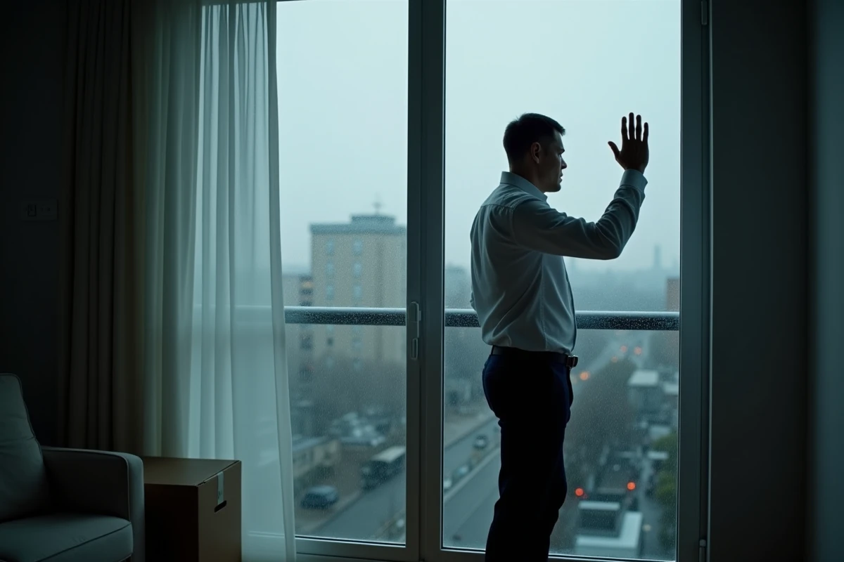 Homme debout face à une fenêtre pluvieuse dans un appartement vide, symbolisant la douleur d'une séparation définitive