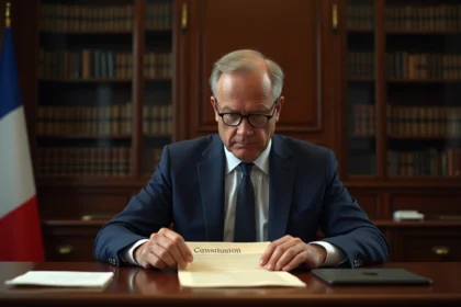 Homme français en costume examinant un document constitution