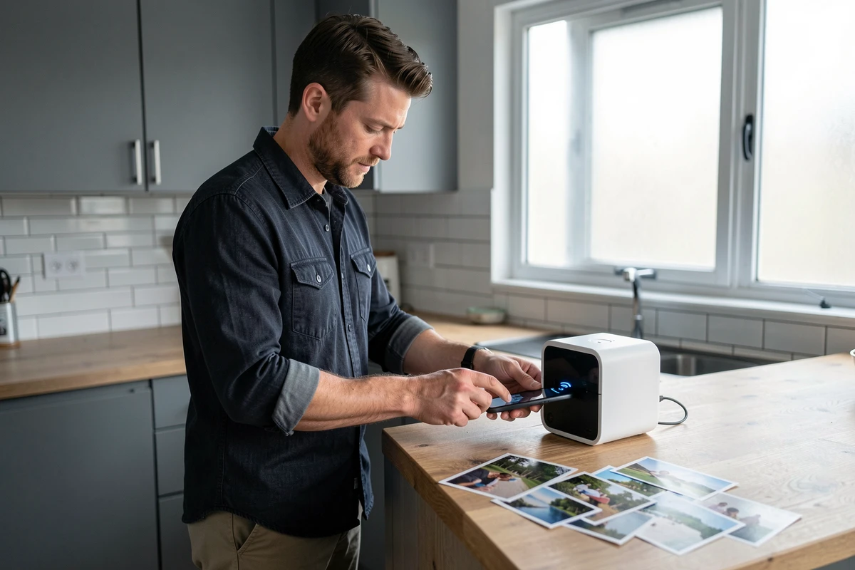 Homme connectant son smartphone à une imprimante photo portable dans une cuisine moderne avec des photos imprimées posées sur le comptoir