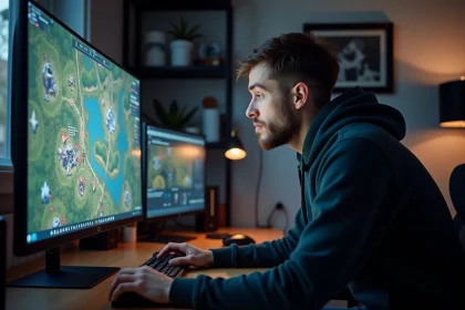 Homme concentré jouant à un jeu de stratégie en temps réel sur un grand écran dans un bureau à domicile moderne