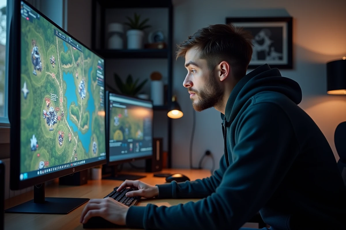 Homme concentré jouant à un jeu de stratégie en temps réel sur un grand écran dans un bureau à domicile moderne
