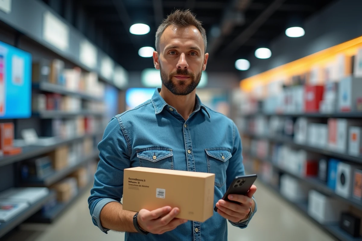 Homme en magasin tenant un iPhone 15 reconditionné et comparant les offres en ligne sur son téléphone