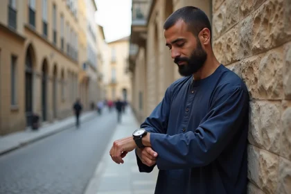 Homme musulman consultant sa montre analogique pour les horaires de prière dans les rues historiques de Nantes