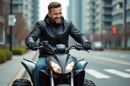 Homme souriant en moto quad urbaine moderne
