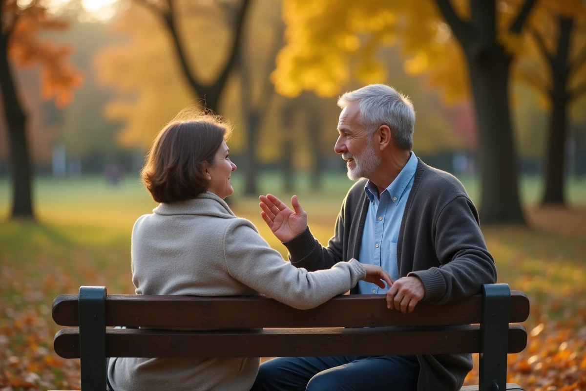 Homme discutant avec un ami sur un banc dans un parc en automne