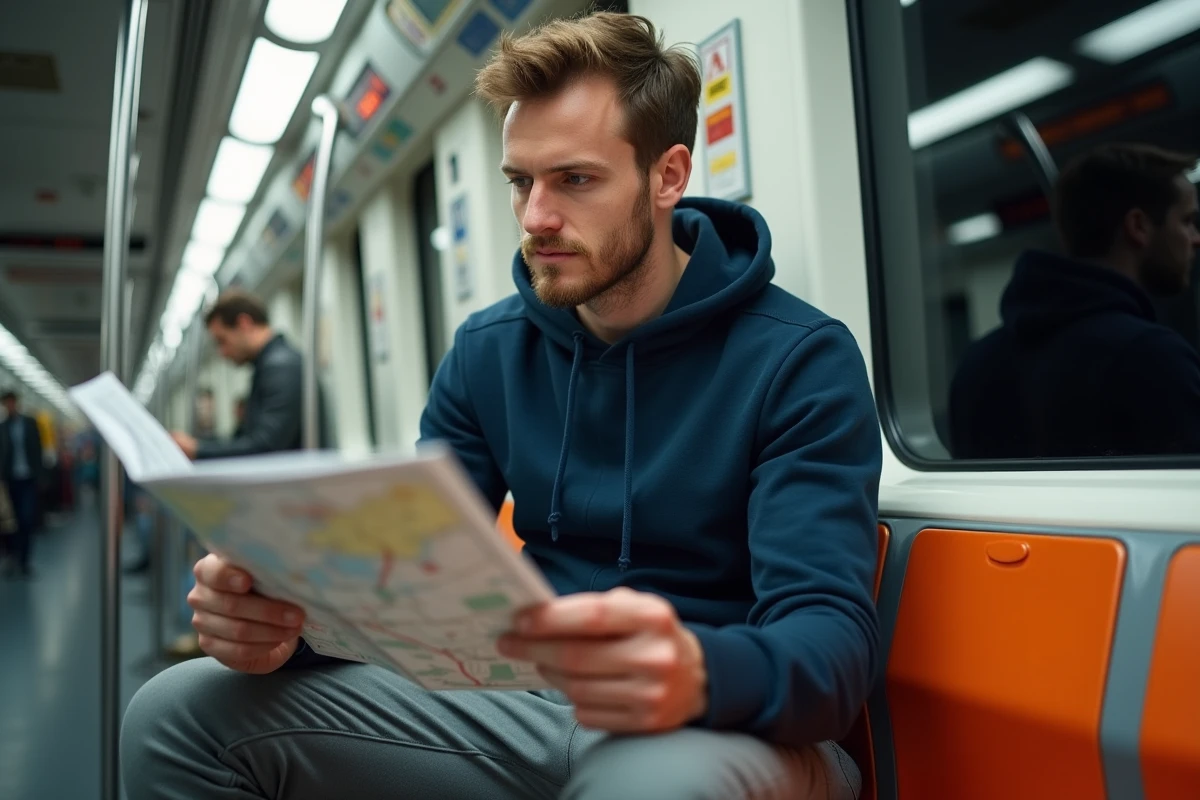 Homme lisant le plan de poche du métro de Toulouse assis dans une rame