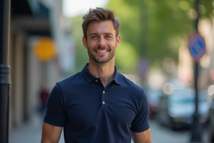 Homme en polo navy dans une rue urbaine animée