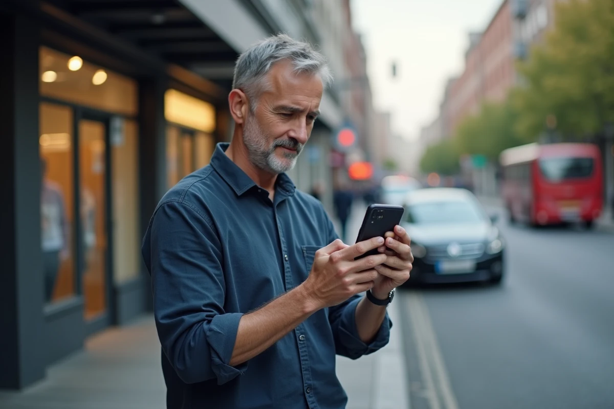 Homme utilisant un service d'annuaire inversé portable en pleine rue pour identifier un appel manqué