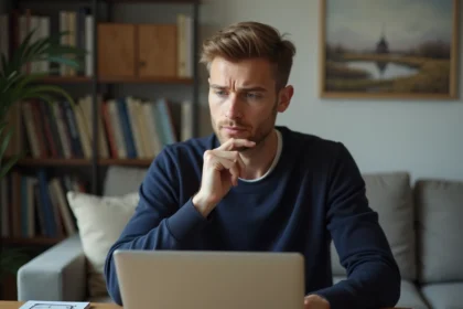 Homme pensif en recherche d'informations sur son ordinateur