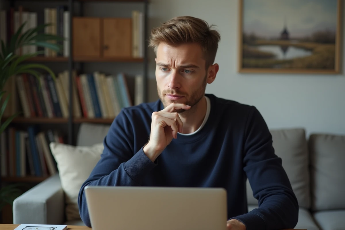 Homme pensif en recherche d'informations sur son ordinateur