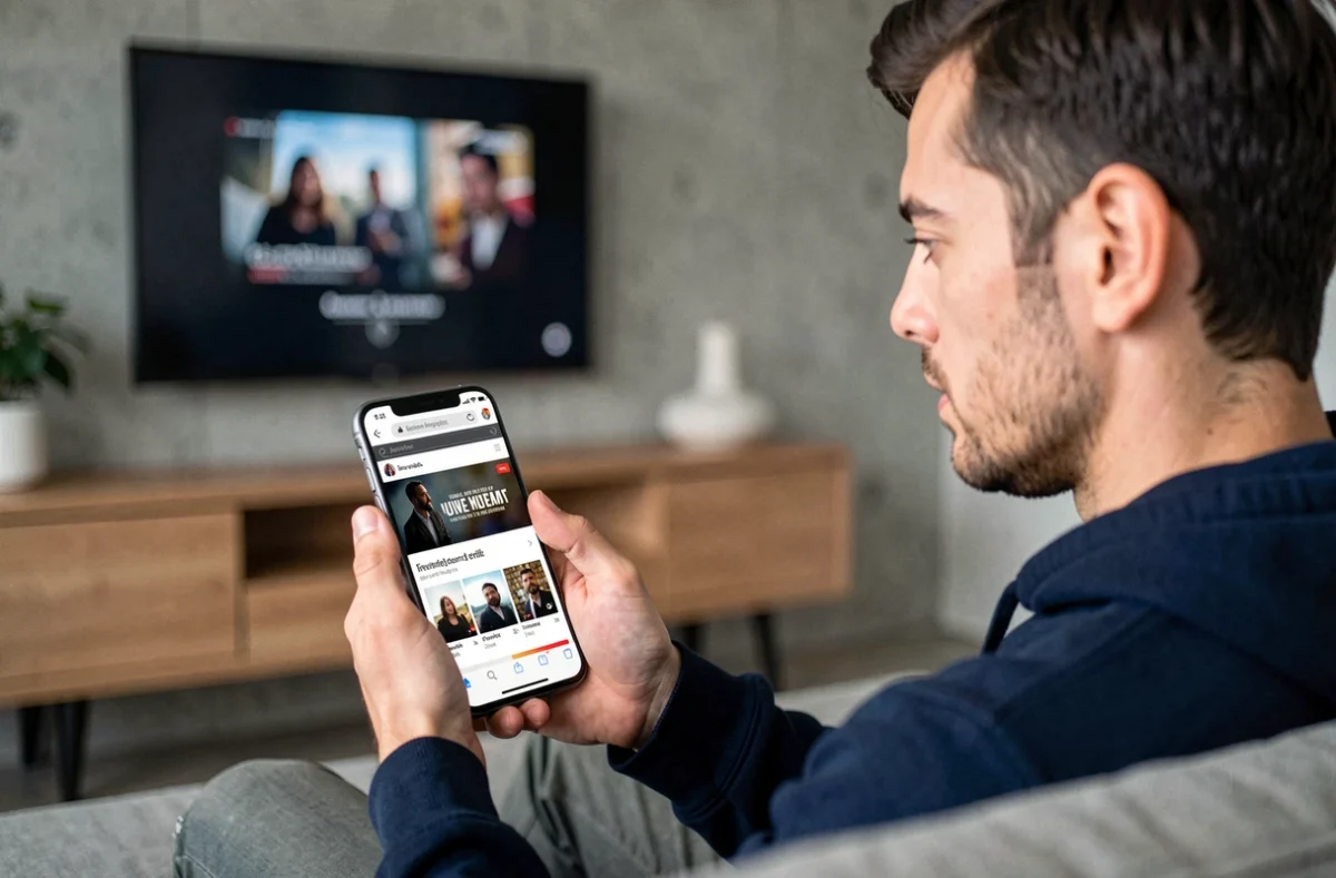 Homme accédant à la nouvelle adresse de 1jour1film depuis son smartphone dans un salon moderne