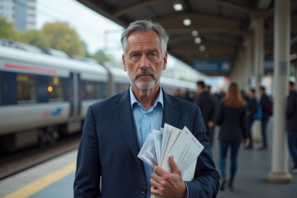 Homme d'âge moyen sur une plateforme de train SNCF