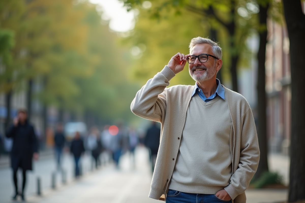 Homme d age ajustant ses lunettes en ville