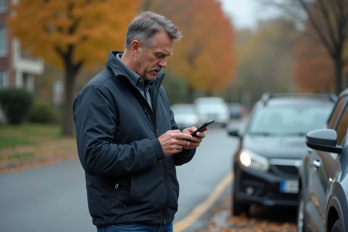 Homme vérifiant son téléphone après une transaction en personne sur Le Bon Coin dans une rue résidentielle