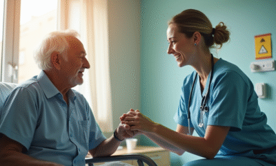 Infirmière compatissante tenant la main d'un patient âgé