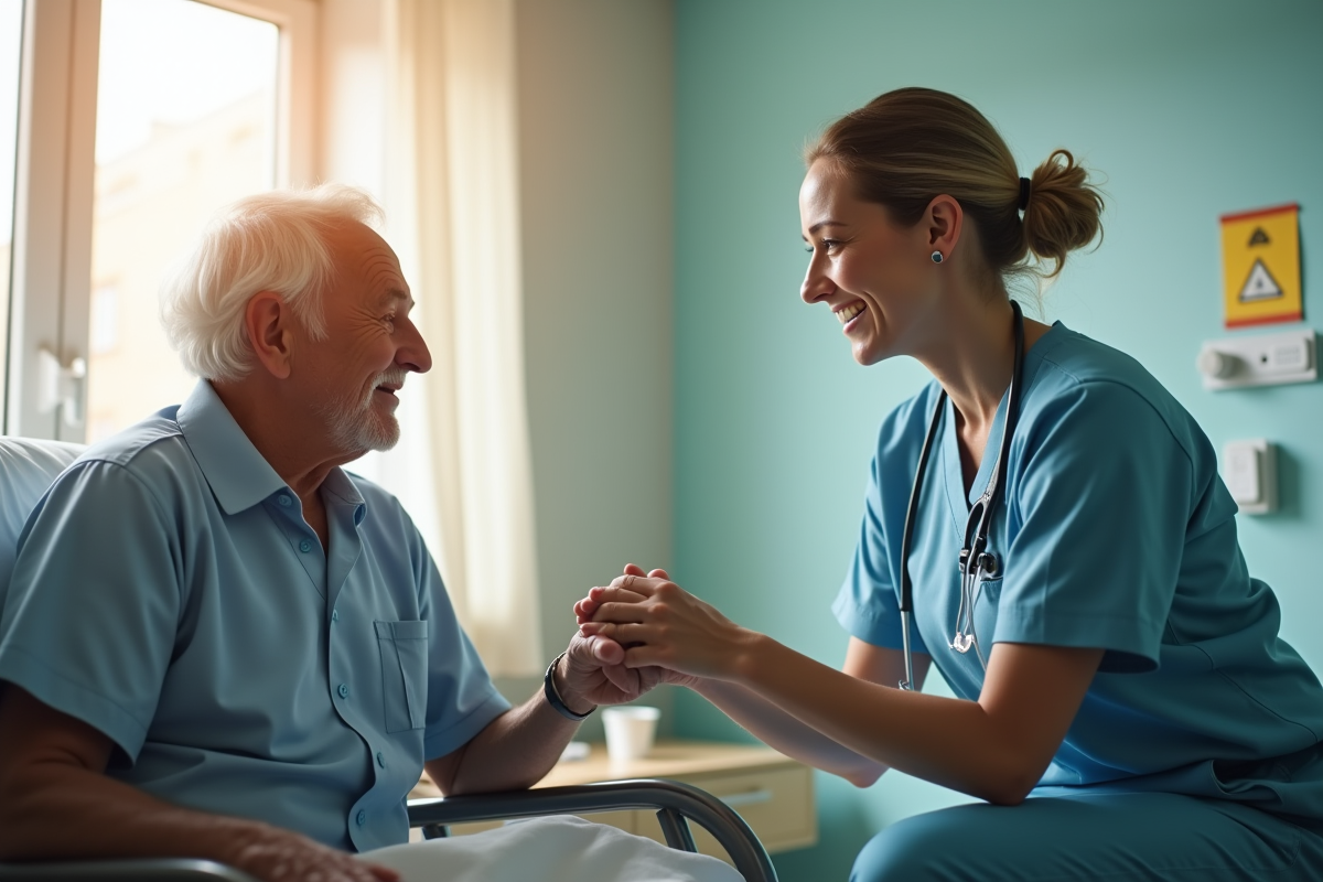 Infirmière compatissante tenant la main d'un patient âgé