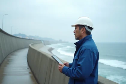 Ingénieur japonais en uniforme sur digue en mer
