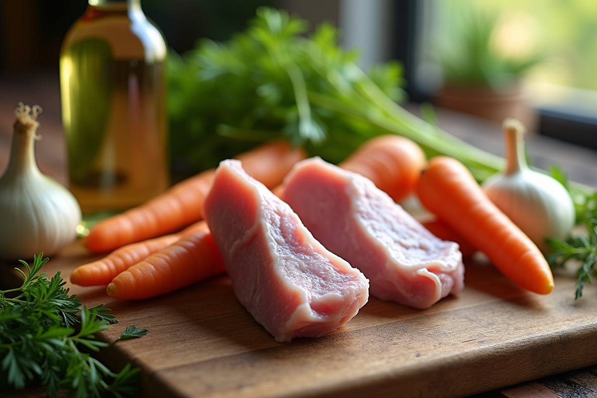 Ingrédients frais pour ragout de lapin sur une table en bois