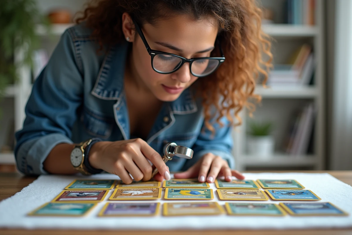 Jeune femme examinant à la loupe un ensemble de cartes Pokémon rares étalées sur une table
