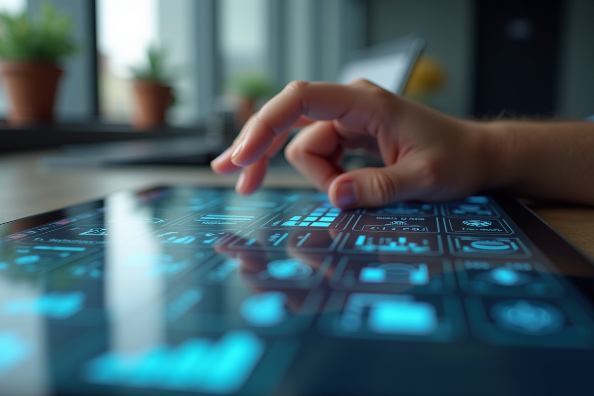 Main interagissant avec tablette tactile dans espace moderne