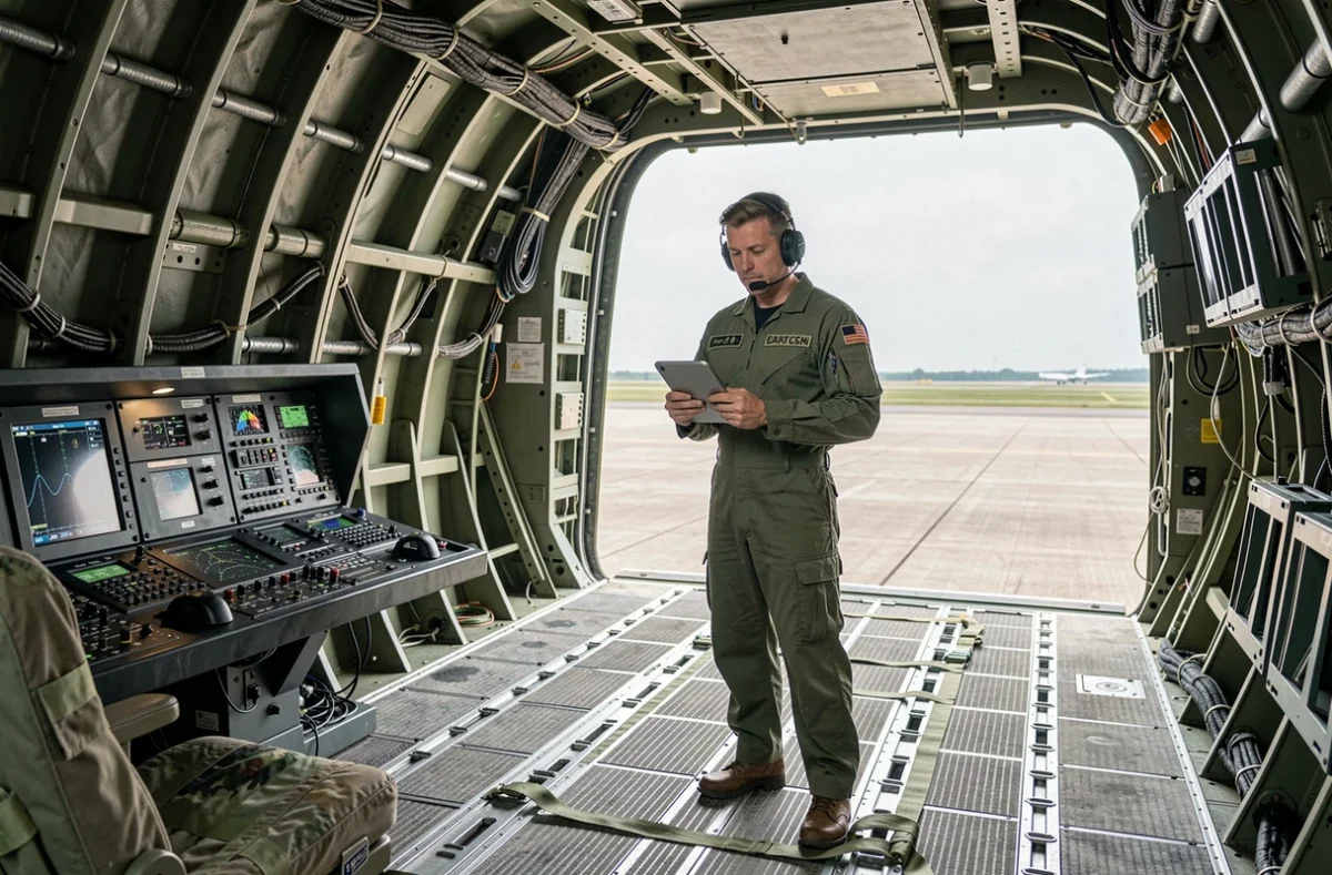 Intérieur modernisé de la soute cargo d'un C-130 Hercules avec équipements avioniques mis à jour et officier chargement militaire