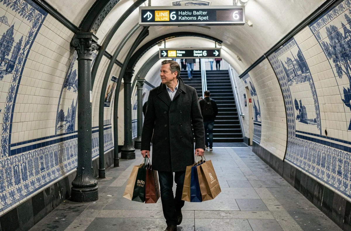 Homme avec des sacs de courses marchant dans le couloir carrelé d'une station de métro parisienne ligne 6