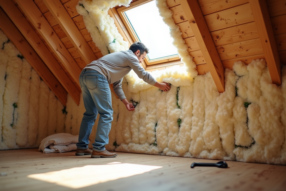Personne ajoutant de l isolation écologique dans un grenier
