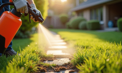 Personne en gants arrosant les mauvaises herbes au jardin