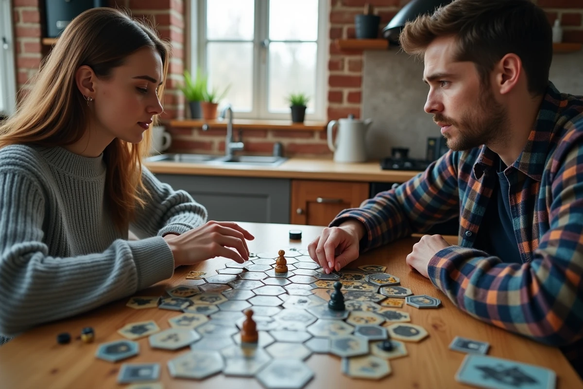 Deux adultes jouant à un wargame de plateau avec des tuiles hexagonales et des pions militaires sur une table de cuisine