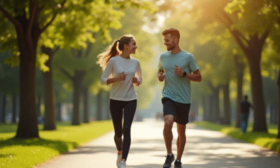 Jeune adulte marche dans un parc urbain avec une montre connectée