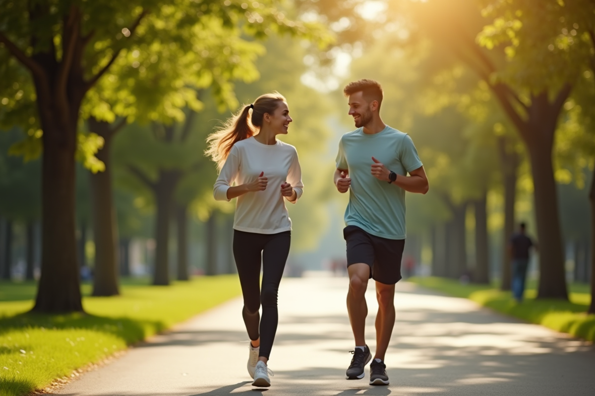 Jeune adulte marche dans un parc urbain avec une montre connectée