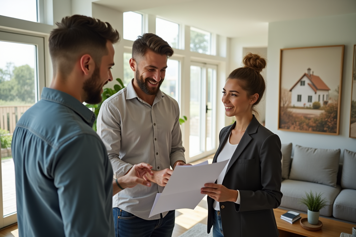 Jeune couple discutant de documents immobiliers avec un agent dans un salon lumineux