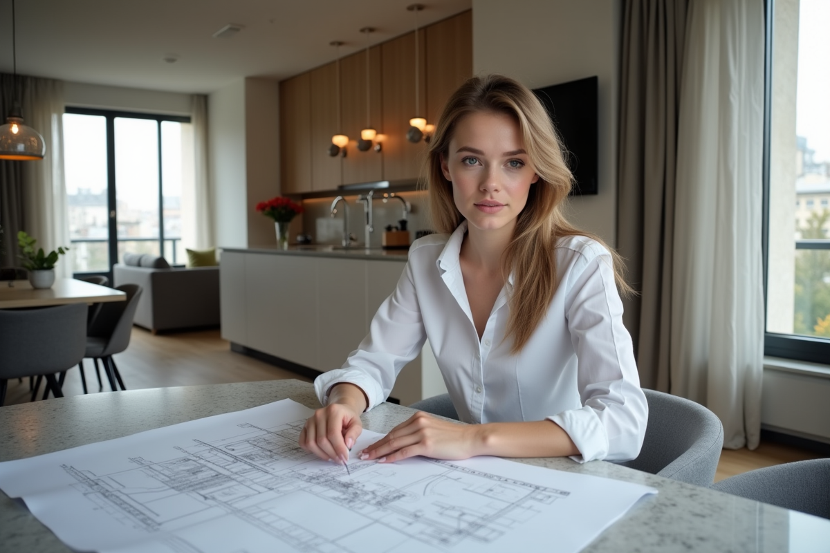Jeune femme professionnelle examine des plans dans un appartement