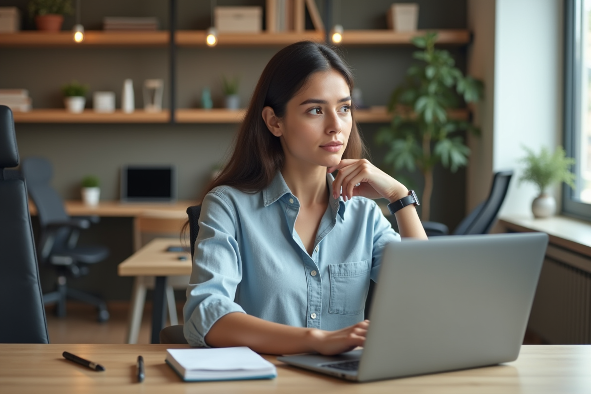 Jeune femme au bureau utilisant un ordinateur portable