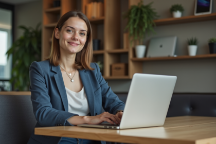 Jeune femme en coworking avec ordinateur et ambiance moderne