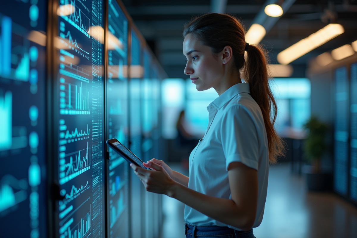 Jeune femme analysant des données dans un espace de travail ouvert