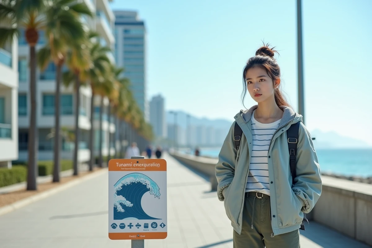 Jeune femme lisant panneau d’évacuation tsunami