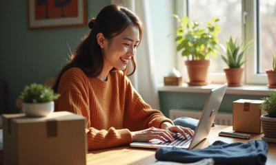 Jeune femme souriante utilisant son ordinateur portable à son bureau à domicile