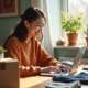Jeune femme souriante utilisant son ordinateur portable à son bureau à domicile