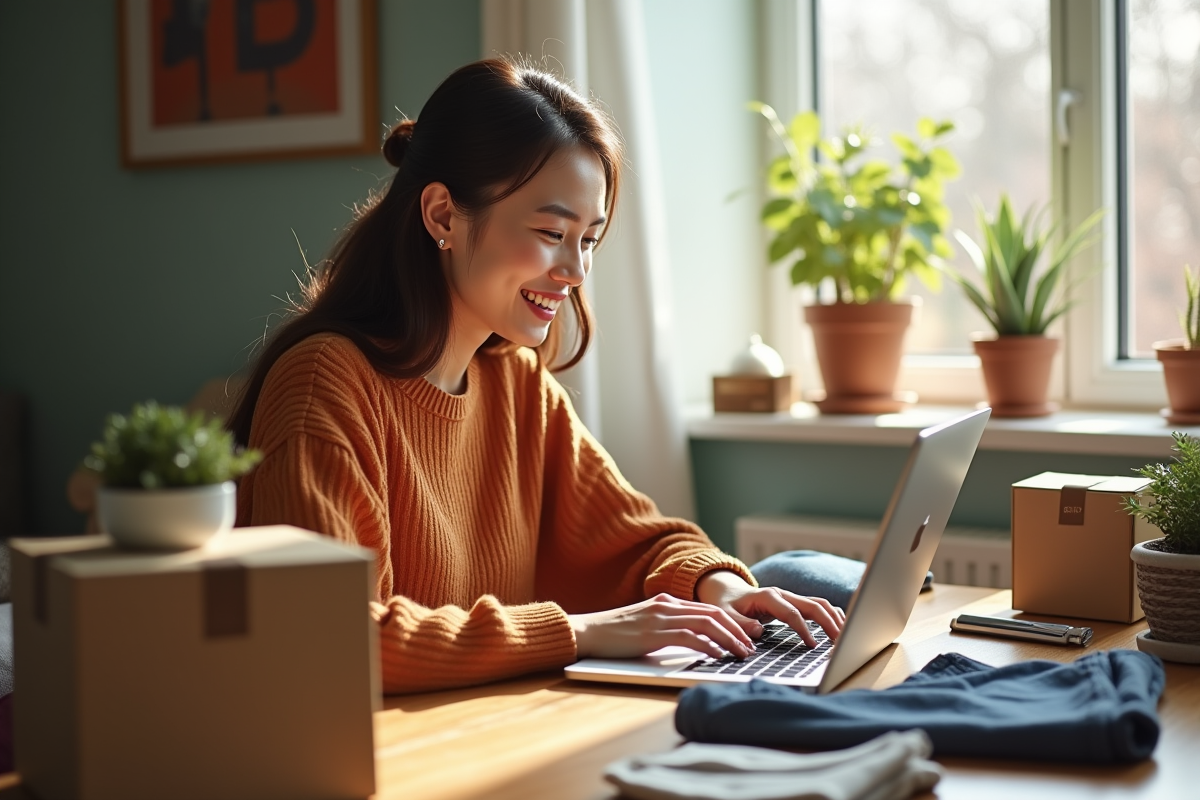 Jeune femme souriante utilisant son ordinateur portable à son bureau à domicile