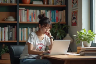 Jeune femme concentrée sur son ordinateur dans un studio manga