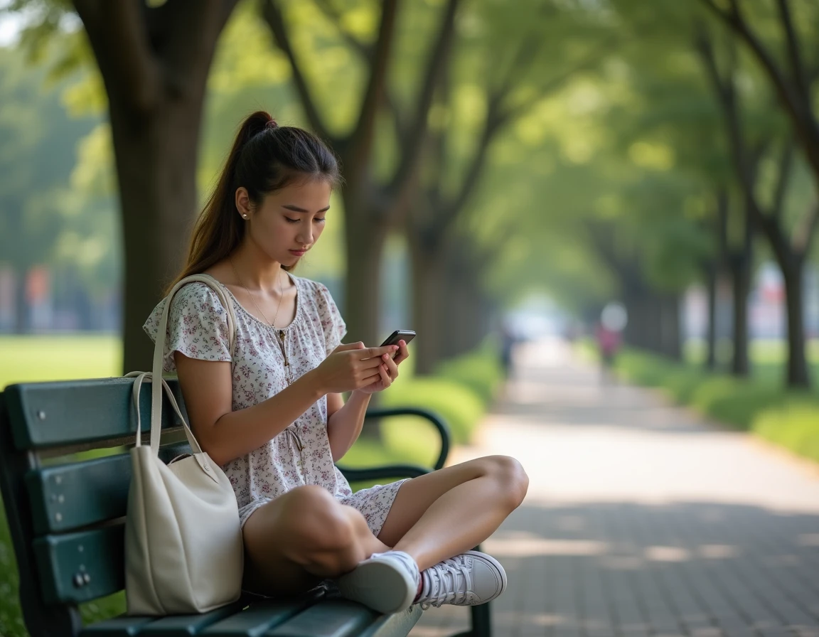 Jeune femme dans un parc urbain corrigeant un message sur son smartphone avec une expression légèrement agacée