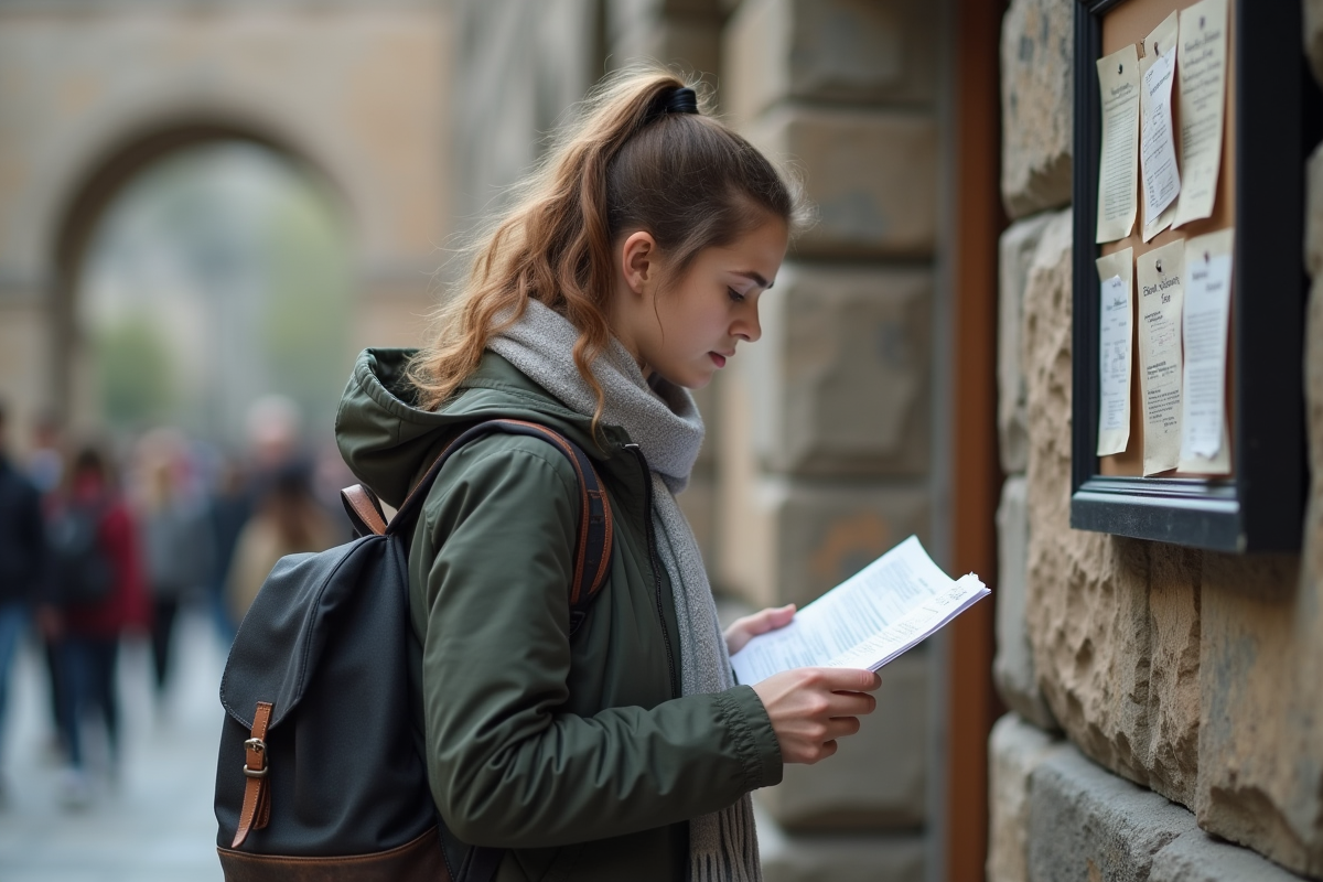 Jeune femme vérifie documents financiers devant panneau universitaire