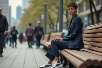 Jeune femme en costume et baskets dans une place urbaine